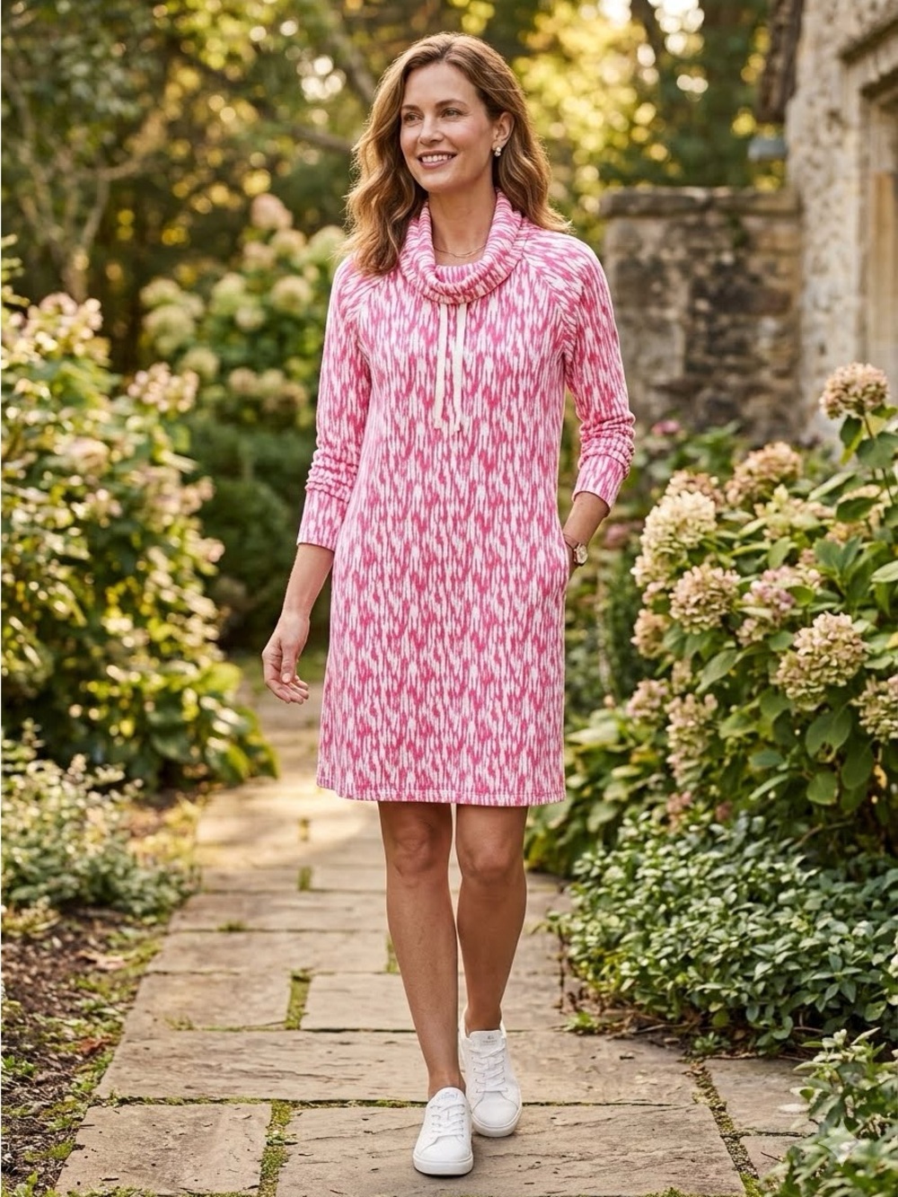 Duffield Lane Coral and White Patterned Cowl Neck Dress